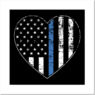 Thin Blue Line Distressed American Flag Heart Posters and Art